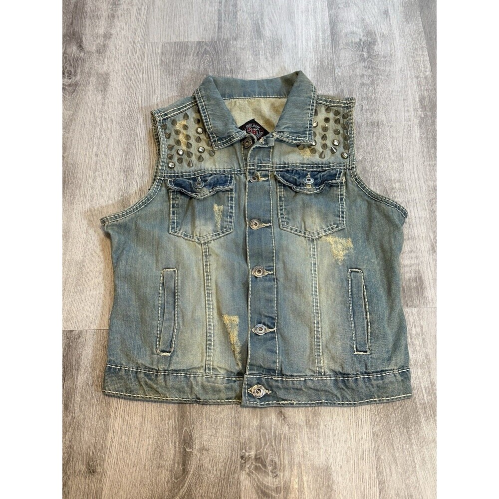 NWT SOHO BABE Blue Denim Spike Distressed Sleeveless Vest Women's Size Large
